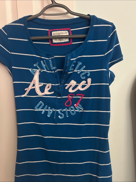 Aeropostale Tops - Aeropostale Blue & White Striped Henley Tee with Pink 'Aero' Script